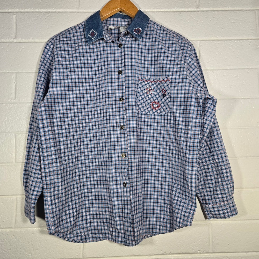 Vtg Capacity Plaid Button Shirt Large Blue‎ Denim Collar Embroidered 90s Check